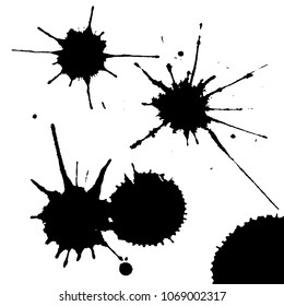 Black ink paint spots. Drops texture isolated on white background. Set for grunge splash textures. Vector illustration.