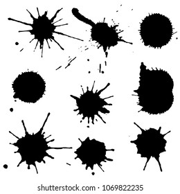 Black ink paint spots. Drops texture isolated on white background. Set for grunge splash textures. Vector illustration.