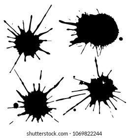 Black ink paint spots. Drops texture isolated on white background. Set for grunge splash textures. Vector illustration.