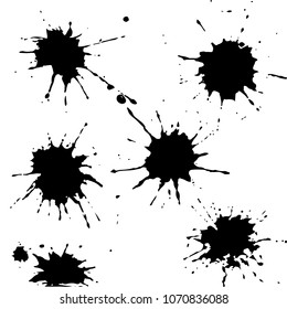 Black ink paint spots. Drops texture isolated on white background. Set for grunge splash textures. Vector illustration.