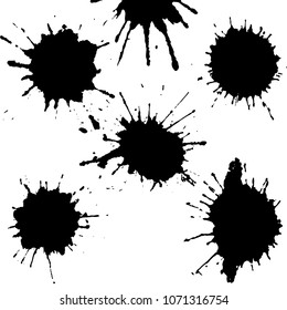 Black ink paint spots. Drops texture isolated on white background. Set for grunge splash textures. Vector illustration.