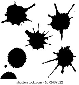 Black ink paint spots. Drops texture isolated on white background. Set for grunge splash textures. Vector illustration.