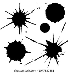 Black ink paint spots. Drops texture isolated on white background. Set for grunge splash textures. Vector illustration.