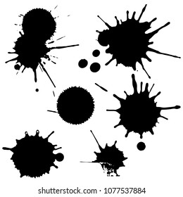 Black ink paint spots. Drops texture isolated on white background. Set for grunge splash textures. Vector illustration.