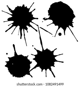 Black ink paint spots. Drops texture isolated on white background. Set for grunge splash textures. Vector illustration.