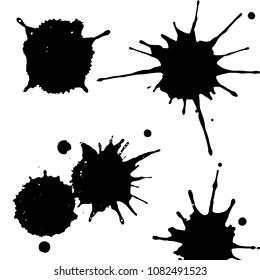 Black ink paint spots. Drops texture isolated on white background. Set for grunge splash textures. Vector illustration.