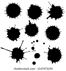 Black ink paint spots. Drops texture isolated on white background. Set for grunge splash textures. Vector illustration.