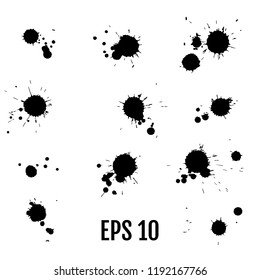 Black ink paint spots. Drops texture isolated on white background. Set for grunge splash textures. Vector illustration.
