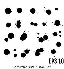 Black ink paint spots. Drops texture isolated on white background. Set for grunge splash textures. Vector illustration.