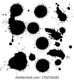 Black ink paint spots. Drops isolated on white background. Set for grunge splash textures. Vector illustration.