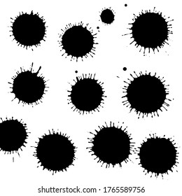 Black ink paint spots. Drops isolated on white background. Set for grunge splash textures. Vector illustration.