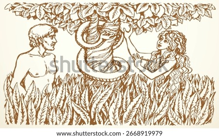 Black ink pen hand drawn art sketch first life sinner guy husband touch take devil satan tempt eat ban death food. Retro old antique story nude body girl wife love die plant leaf park white sky scene