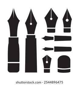 Black ink pen nibs and caps icon vector illustration. Ink pen nibs and cap set isolated on white background. Education elements, Silhouette vector.