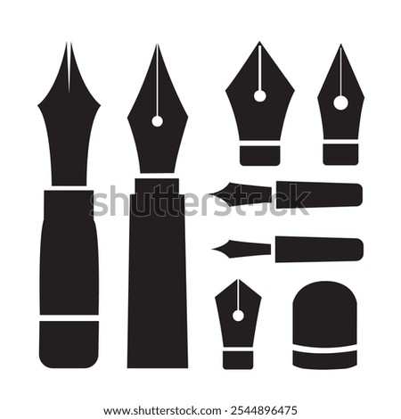 Black ink pen nibs and caps icon vector illustration. Ink pen nibs and cap set isolated on white background. Education elements, Silhouette vector.