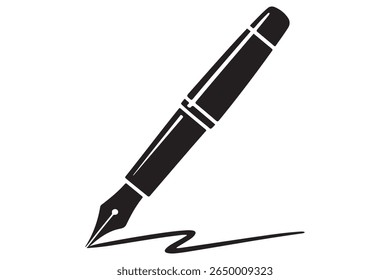 Black ink pen vector icon minimalist fountain pen silhouette on transparent background
