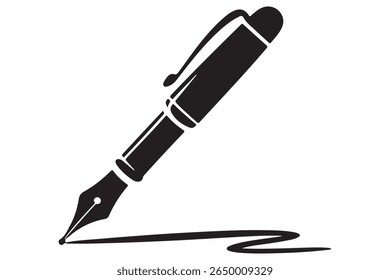 Black ink pen vector icon minimalist fountain pen silhouette on transparent background
