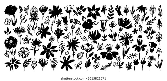 Black ink plants. Paint brush drawing flowers, branches, leaves. Hand drawn floral, abstract art decorative botanical design. Isolated neoteric vector set