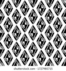 Black ink rhombuses isolated on white background. Seamless pattern. Hand drawn vector graphic illustration. Texture.