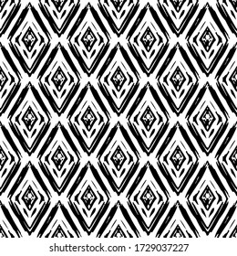 Black ink rhombuses isolated on white background. Geometric seamless pattern. Vertical view. Hand drawn vector graphic illustration. Texture.