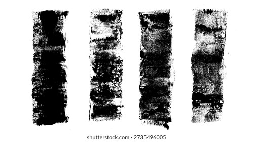 Black ink roller lines. Textured paint strokes with grunge effect. Distressed smear brush lines form rough linocut. Vector urban street streaks set illustration isolated on transparent background.