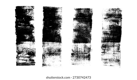 Pinturas texturizadas con rodillos de tinta negra con bordes gruesos grunge. Las líneas de pincel afligidas forman marcos de linograma. Etiqueta de diseños de grabado. Vector arruinado rayas ilustración aislado sin fondo.