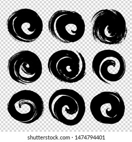 Black ink round brushstrokes abstract textured big set isolated on imitation transparent background