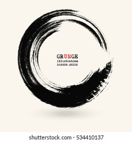 Black ink round stroke on white background. Vector illustration of grunge circle stains. Enso calligraphy element japanese or chinese style