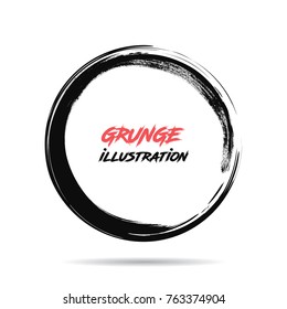 Black ink round stroke on white background. Vector illustration of grunge circle stains. Enso calligraphy element japanese or chinese style