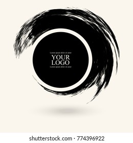 Black ink round stroke on white background. Japanese style. Vector illustration of grunge circle stains