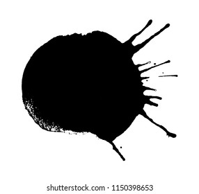 Black ink rounded splash or drop made with brush. Ink splatter. Isolated vector illustration