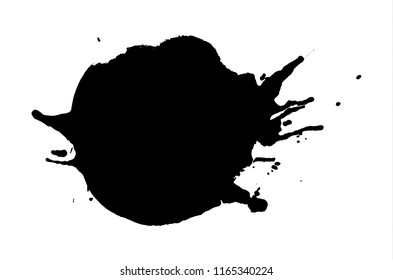 Black ink rounded splash or drop made with brush. Ink splatter. Isolated vector illustration