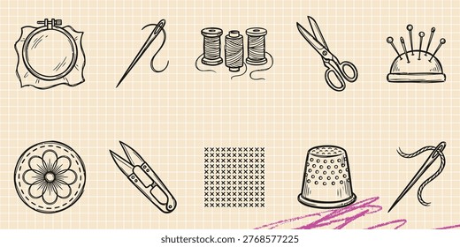 Black ink scribble doodle vector vintage hand drawn illustration of sewing and embroidery craft. Hoop, needle, thread, scissors, and tailor supplies.