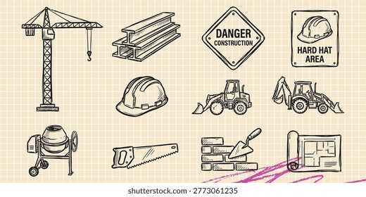 Black ink scribble doodle vector vintage hand drawn set of construction industry builder crane and repair tools