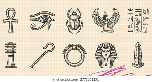 Black ink scribble doodle vector vintage hand drawn set of egyptology ancient symbols scarab eye history and mythology