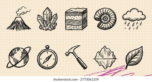 Black ink scribble doodle vector vintage hand drawn set of geology fossil dinosaur archaeology earth science and volcano
