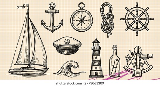 Black ink scribble doodle vector vintage hand drawn set of sailing boat yacht marine navigation ocean and sea voyage