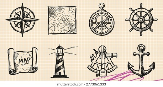 Black ink scribble doodle vector vintage hand drawn set of nautical sea anchor steering wheel and marine journey