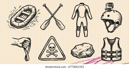 Black ink scribble doodle vector vintage hand drawn set of rowing kayak water sports rafting and river adventure