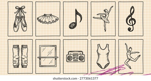 Black ink scribble doodle vector vintage hand drawn set of ballet dance gymnastics music and classical choreography