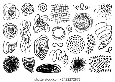 Black ink scribble shapes set. Hand drawn pencil sketches, curly lines and squiggles, thin strokes, drawings. Vector scrawl doodle elements isolated on white background