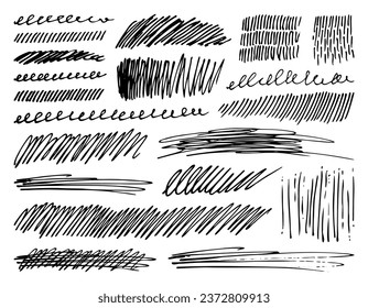 Colocación de trazos de garabatos de tinta negra. Esbozos de lápiz dibujados a mano, líneas de rizos y calambres, trazos finos, dibujos. Elementos de doodle de garrapatas vectoriales aislados en fondo blanco