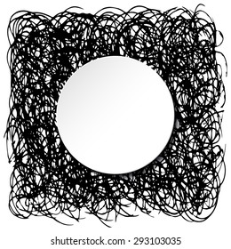 Black ink scribble texture with round paper cut space for your text. Vector illustration