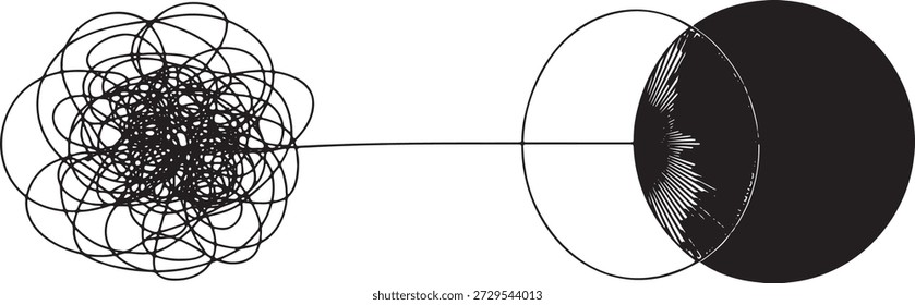 Black ink scribble transforming into clean geometric circle representing process of simplification. Minimalism vector illustration of chaos turning into order for coaching and psychological growth. Abstract line art on transparent background showing transition from confusion to understanding.
