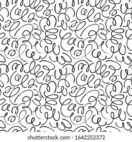 Black ink scribbles vector seamless pattern. Handdrawn abstract curved lines with dry brush paint smudges effect. Stylish hand drawn textile print. Minimalist grungy wallpaper design