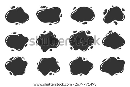 Black ink shiny blob form set. Smooth splash with glossy drop. Rounded spill abstract shape liquid mark. Soft fluid stain, cartoon blotch, isolated splotch, organic puddle. Dynamic smear, modern drip