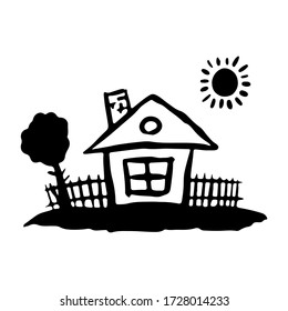 Black ink silhouette of a house icon. Front view. Cartoon hut. Hand drawn vector graphic illustration. Isolated object on a white background. Isolate.