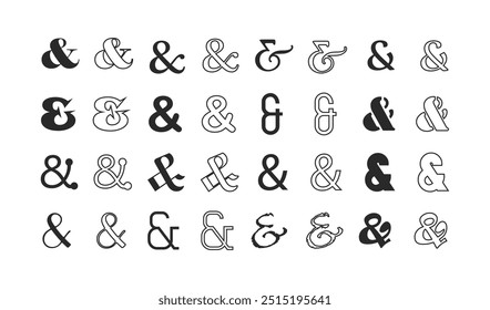 Silueta de tinta negra y línea de diferentes símbolos aislados de ampersand Plantilla de Elementos de diseño sobre fondo blanco