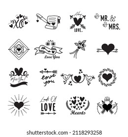 Black ink silhouette love and heart cute Valentine assorted icons design elements set on white background