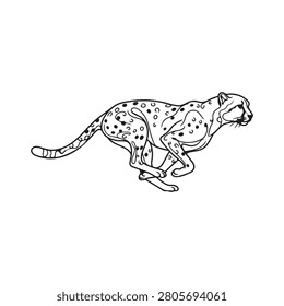 A black ink silhouette of a running cheetah captured in motion, showing the feline's agile body and speed, isolated on a white background.
