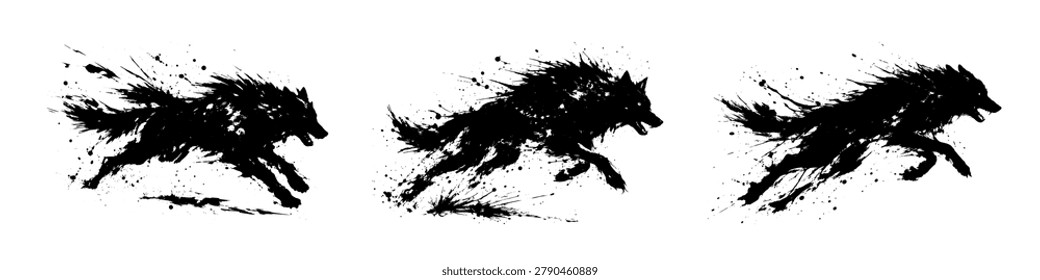 Black ink silhouette of a running wolf with splattered brush strokes, symbolizing wild energy, instinct and motion. Black ink silhouette of a running wolf with splattered brush strokes, symbolizing wild energy, instinct and motion.